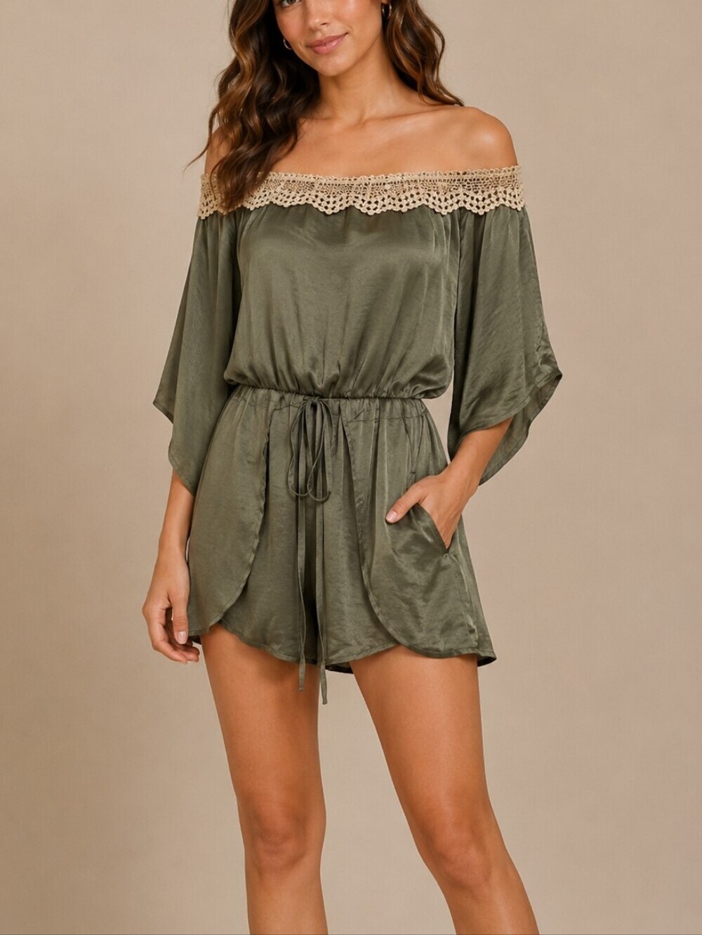 TRAC Sage Satin Crochet Lace Off Shoulder Tie Waist Fairycore Shorts Romper
